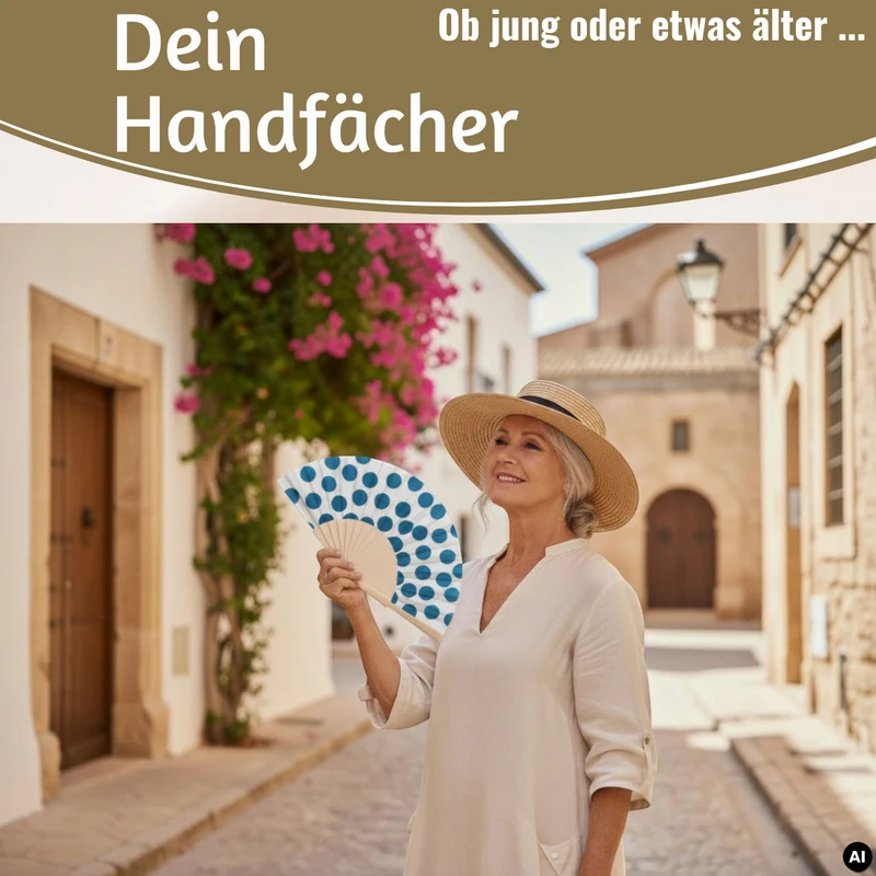 Handfächer Holz Stoff Fächer "Punkte" Weiß Blau faltbar Faltfächer