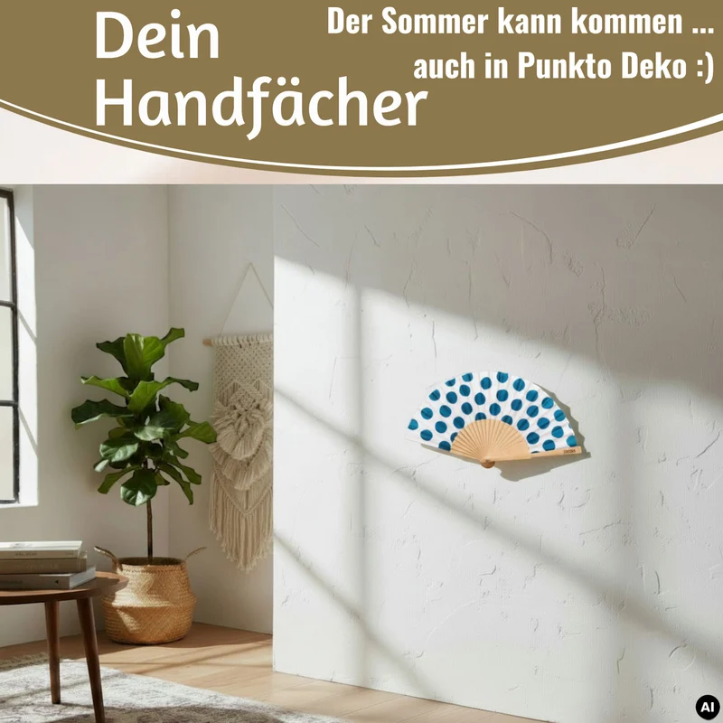 Handfächer Holz Stoff Fächer "Punkte" Weiß Blau faltbar Faltfächer