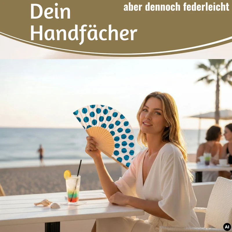 Handfächer Holz Stoff Fächer "Punkte" Weiß Blau faltbar Faltfächer