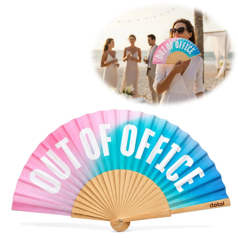 Handfächer Holz Stoff Fächer "Out of Office" Rosa Türkis Blau faltbar Faltfächer