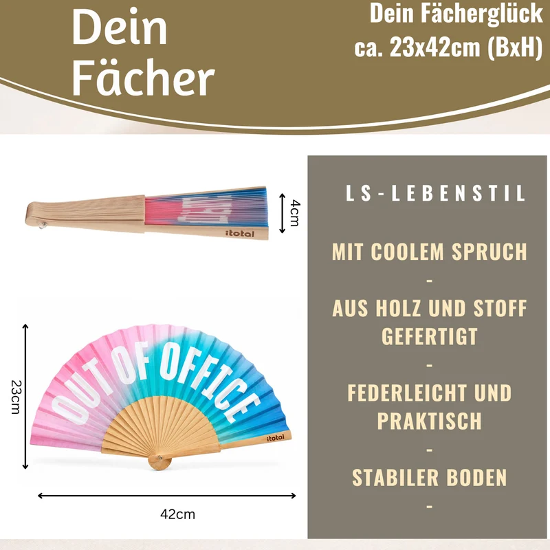 Handfächer Holz Stoff Fächer "Out of Office" Rosa Türkis Blau faltbar Faltfächer
