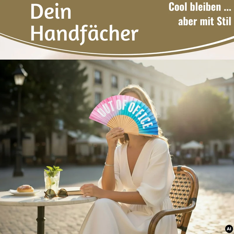 Handfächer Holz Stoff Fächer "Out of Office" Rosa Türkis Blau faltbar Faltfächer