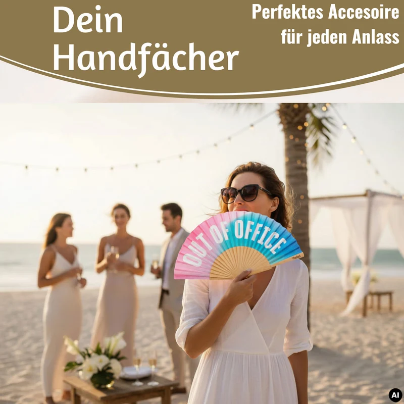 Handfächer Holz Stoff Fächer "Out of Office" Rosa Türkis Blau faltbar Faltfächer