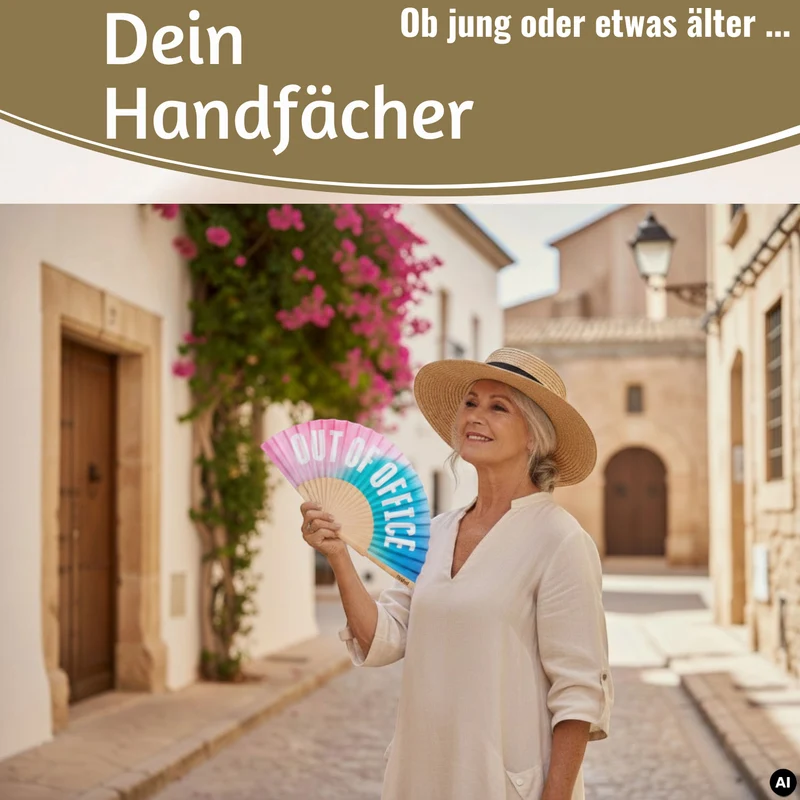 Handfächer Holz Stoff Fächer "Out of Office" Rosa Türkis Blau faltbar Faltfächer