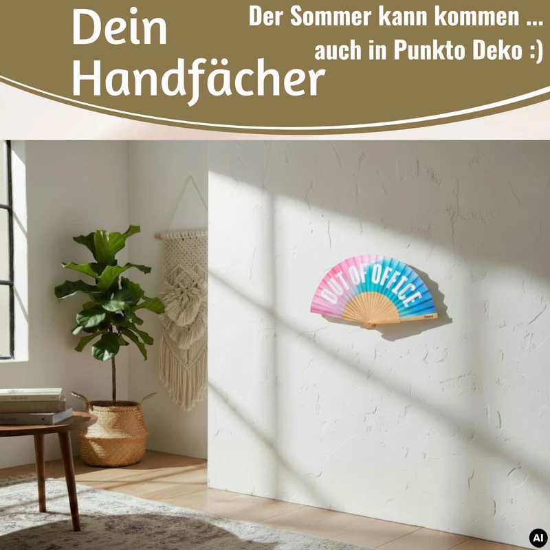 Handfächer Holz Stoff Fächer "Out of Office" Rosa Türkis Blau faltbar Faltfächer