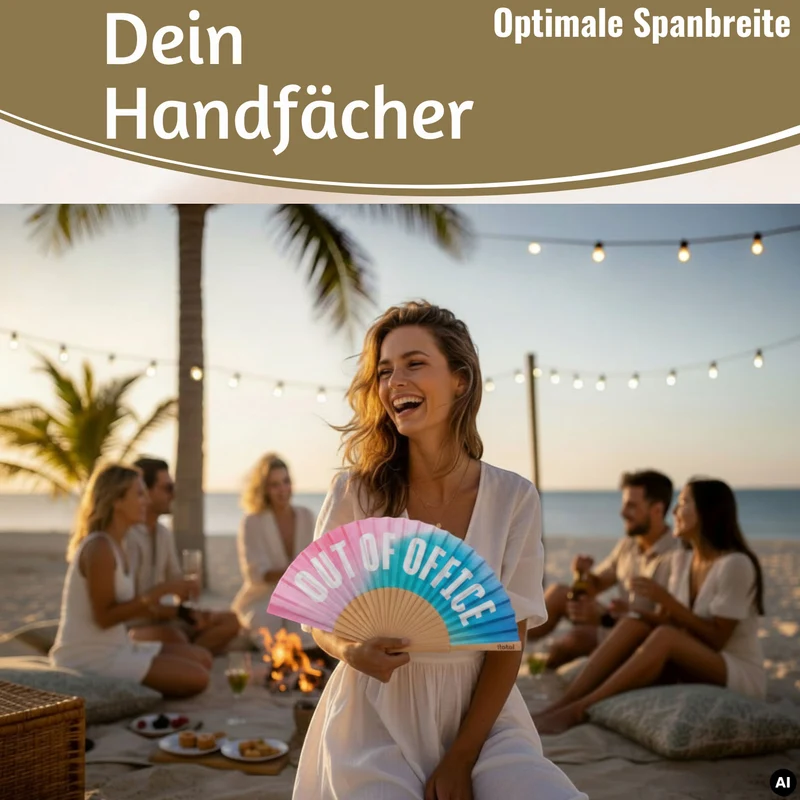 Handfächer Holz Stoff Fächer "Out of Office" Rosa Türkis Blau faltbar Faltfächer