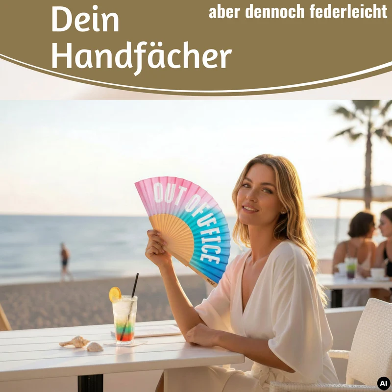 Handfächer Holz Stoff Fächer "Out of Office" Rosa Türkis Blau faltbar Faltfächer