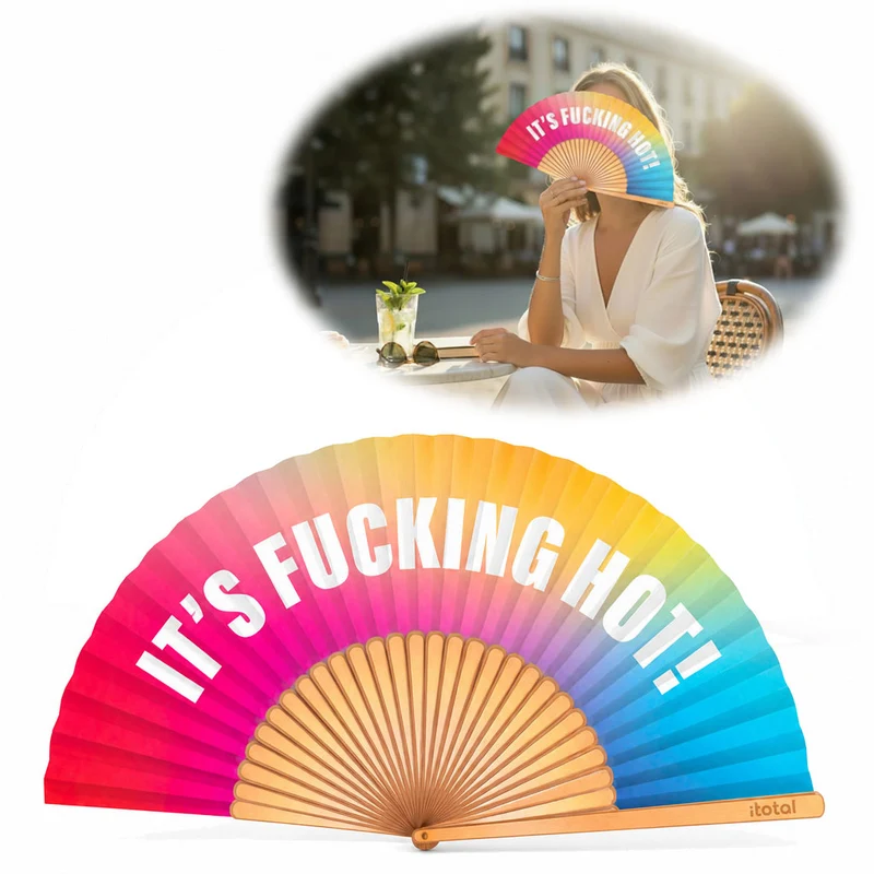 Handfächer Holz Stoff Fächer "It´s Fucking Hot" Bunt faltbar Faltfächer