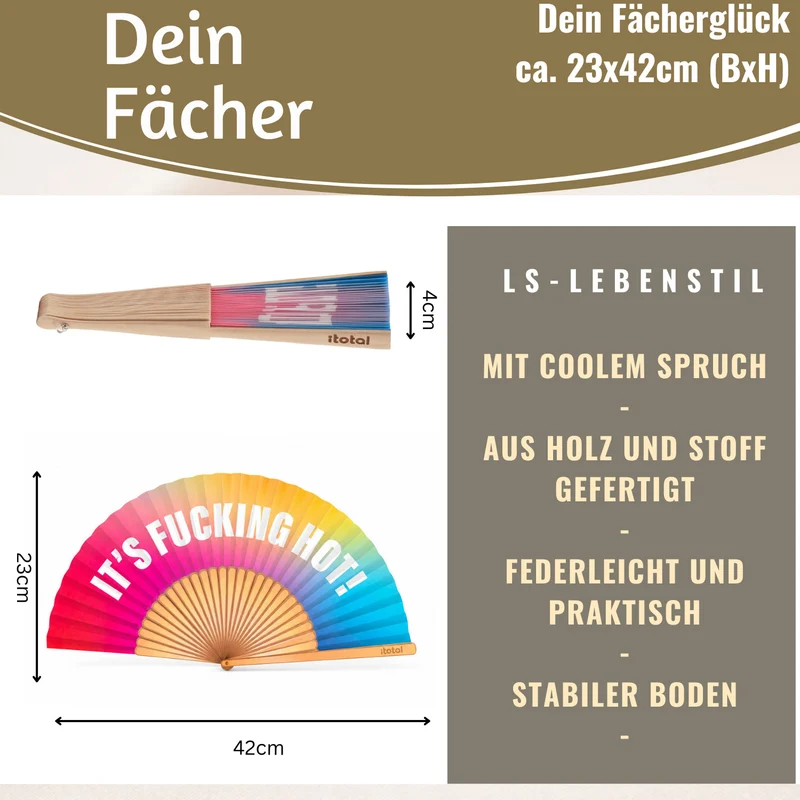 Handfächer Holz Stoff Fächer "It´s Fucking Hot" Bunt faltbar Faltfächer