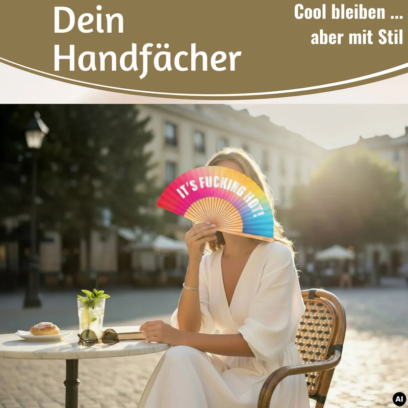 Handfächer Holz Stoff Fächer "It´s Fucking Hot" Bunt faltbar Faltfächer