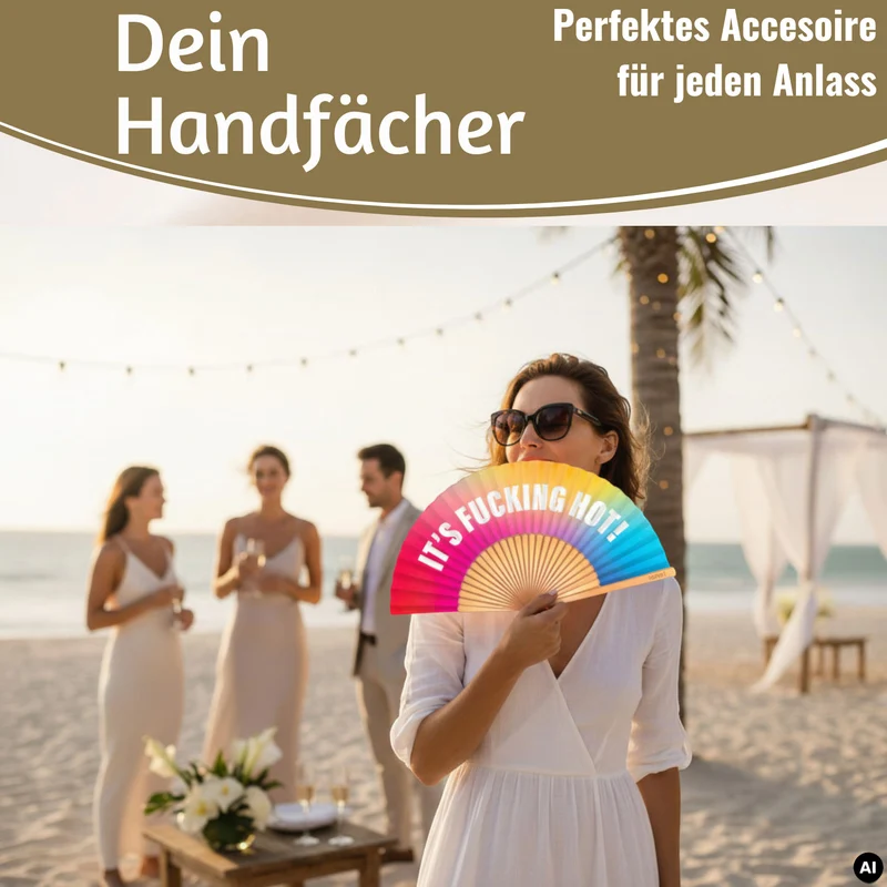 Handfächer Holz Stoff Fächer "It´s Fucking Hot" Bunt faltbar Faltfächer