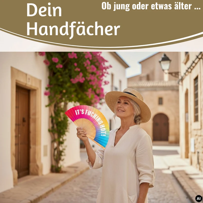 Handfächer Holz Stoff Fächer "It´s Fucking Hot" Bunt faltbar Faltfächer