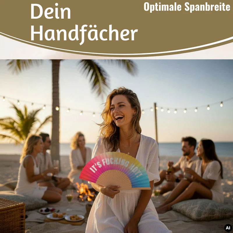 Handfächer Holz Stoff Fächer "It´s Fucking Hot" Bunt faltbar Faltfächer