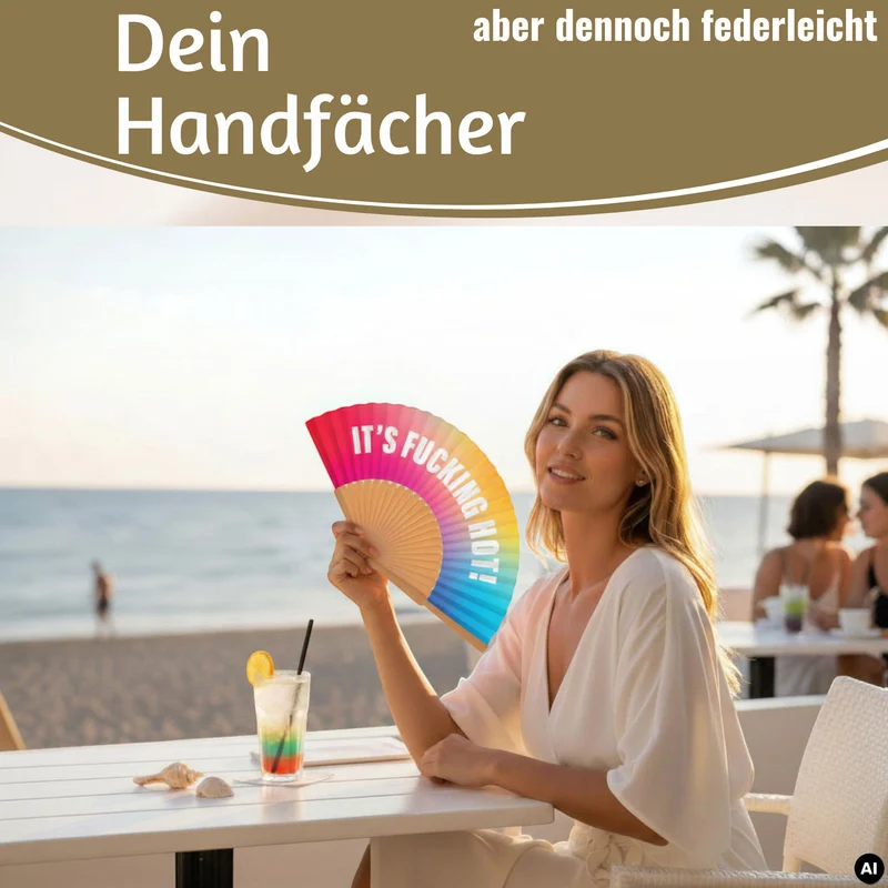 Handfächer Holz Stoff Fächer "It´s Fucking Hot" Bunt faltbar Faltfächer