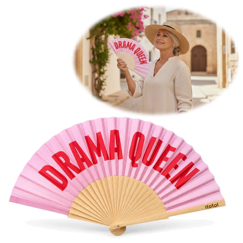 Handfächer Holz Stoff Fächer "Drama Queen" Rosa Rot faltbar Faltfächer