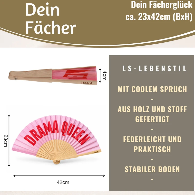 Handfächer Holz Stoff Fächer "Drama Queen" Rosa Rot faltbar Faltfächer