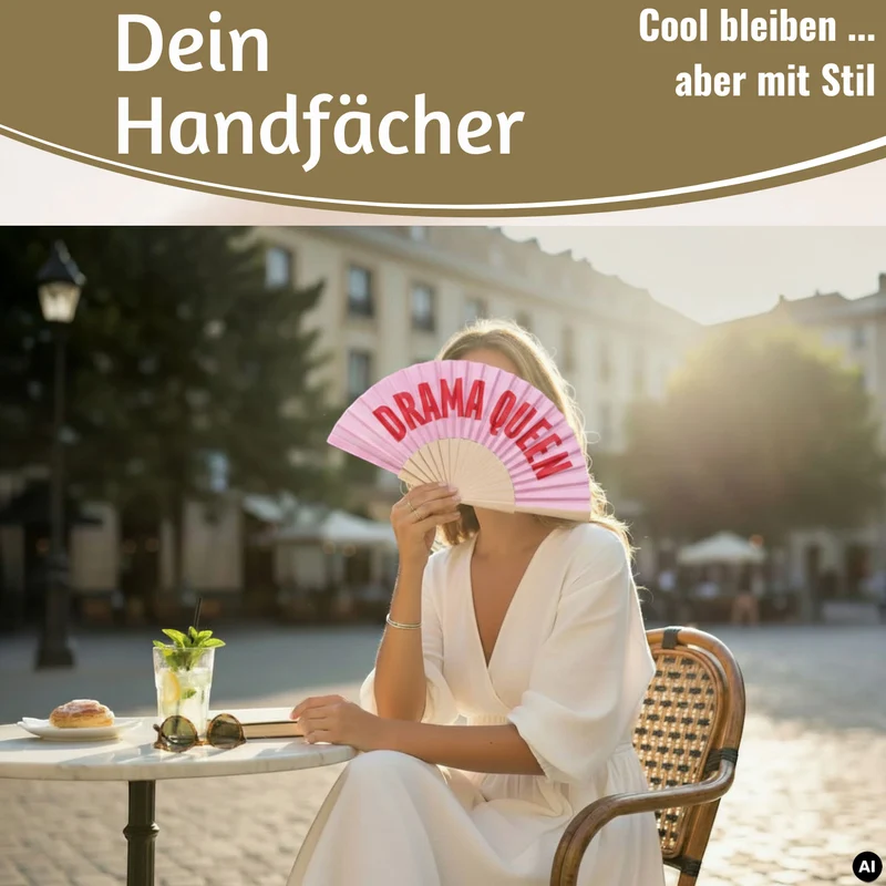 Handfächer Holz Stoff Fächer "Drama Queen" Rosa Rot faltbar Faltfächer