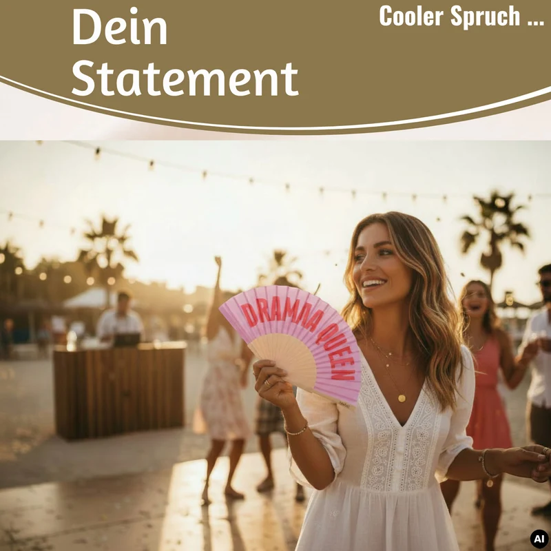 Handfächer Holz Stoff Fächer "Drama Queen" Rosa Rot faltbar Faltfächer