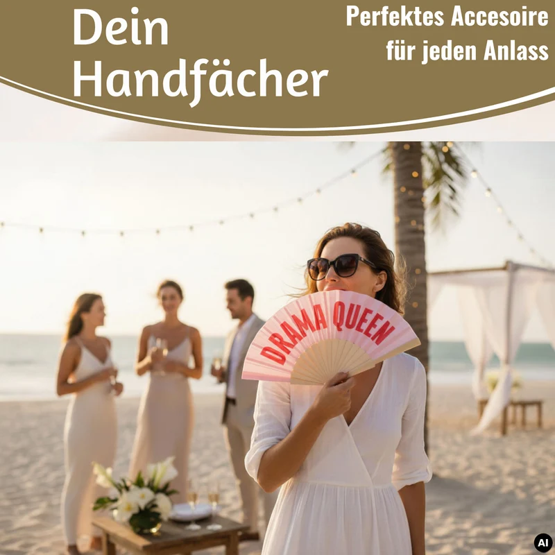 Handfächer Holz Stoff Fächer "Drama Queen" Rosa Rot faltbar Faltfächer