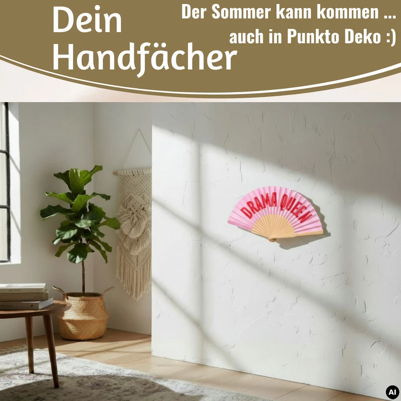 Handfächer Holz Stoff Fächer "Drama Queen" Rosa Rot faltbar Faltfächer