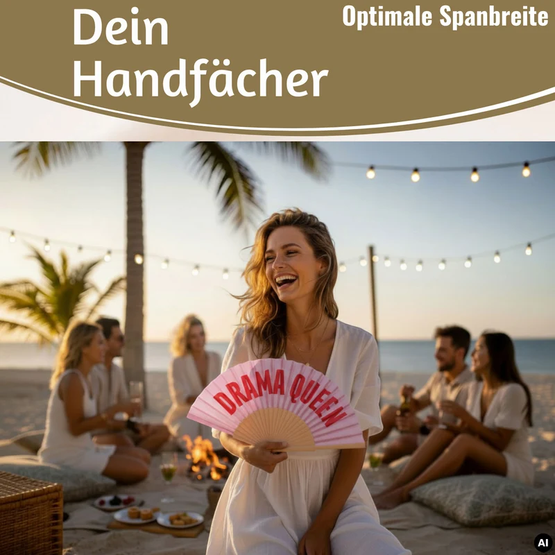 Handfächer Holz Stoff Fächer "Drama Queen" Rosa Rot faltbar Faltfächer