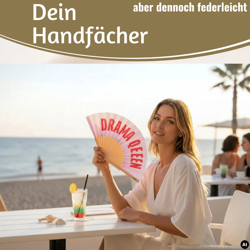Handfächer Holz Stoff Fächer "Drama Queen" Rosa Rot faltbar Faltfächer