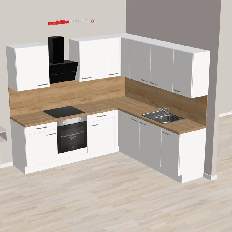 nobilia Eckküche Fellbach 230 x 245 cm weiß matt Eiche Holzfarben komplett mit Backofen - Kochfeld - Wandhaube - Spüle