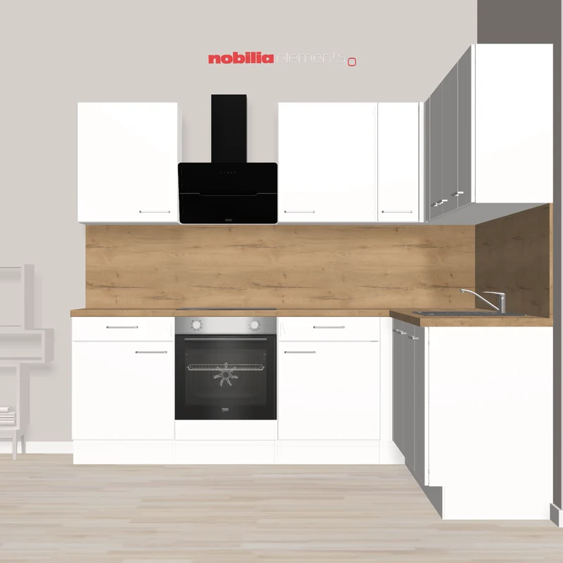 nobilia Eckküche Fellbach 230 x 245 cm weiß matt Eiche Holzfarben komplett mit Backofen - Kochfeld - Wandhaube - Spüle