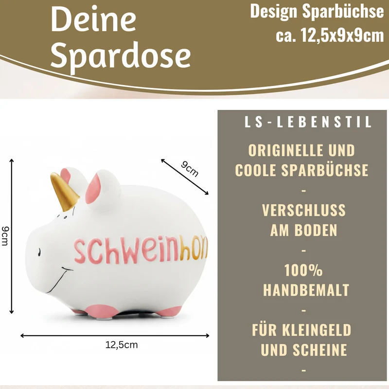 Keramik Sparschwein Spruch Schweinhorn Weiß Rosa Gold Spardose Sparbüchse