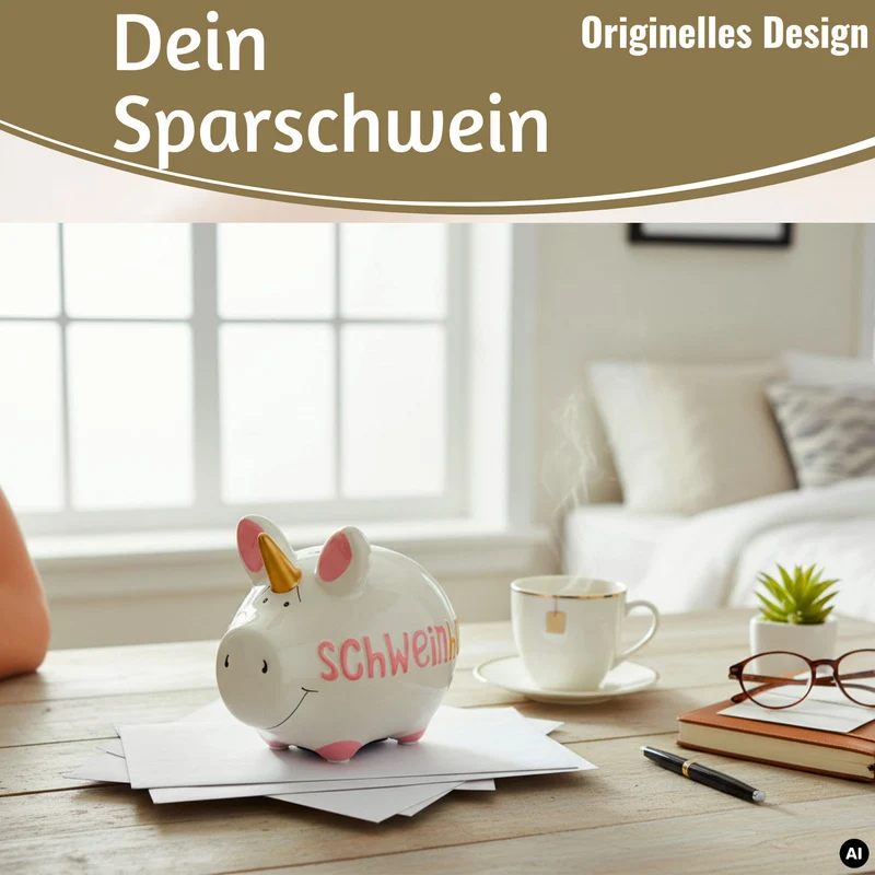 Keramik Sparschwein Spruch Schweinhorn Weiß Rosa Gold Spardose Sparbüchse