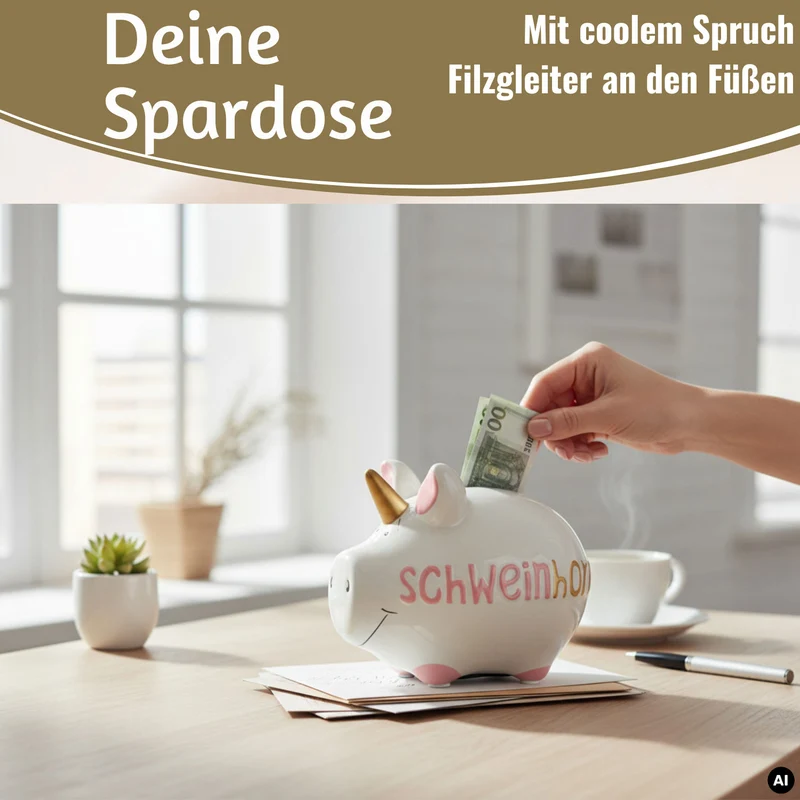 Keramik Sparschwein Spruch Schweinhorn Weiß Rosa Gold Spardose Sparbüchse