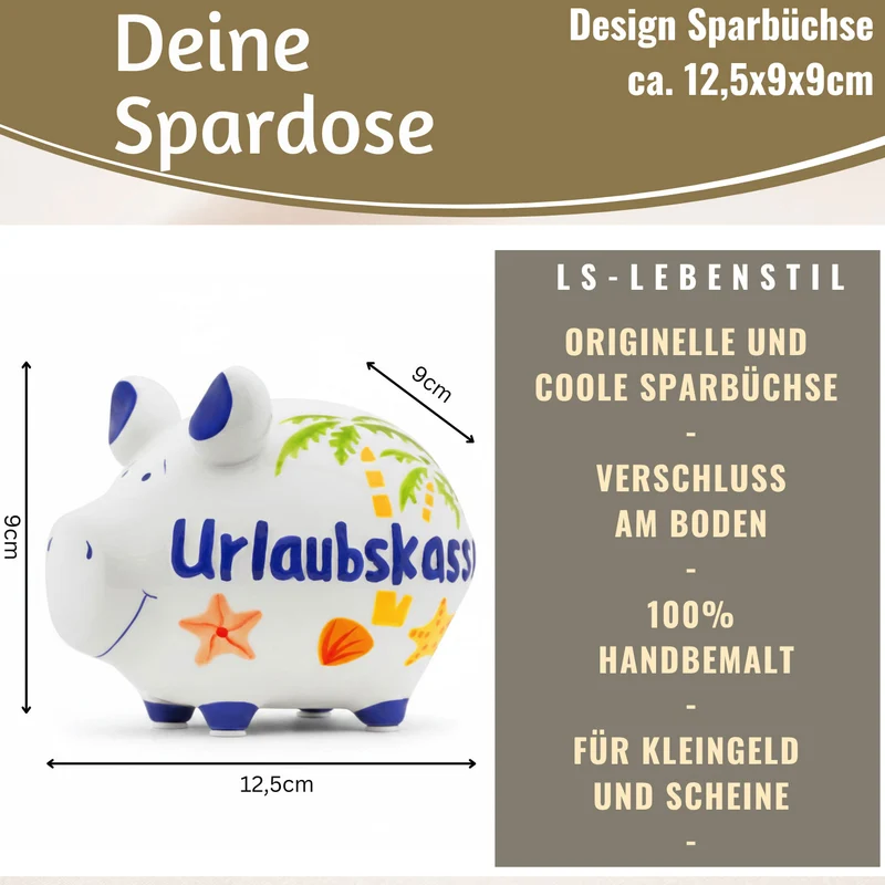 Keramik Sparschwein Spruch Urlaubskasse Weiß Blau Spardose Sparbüchse
