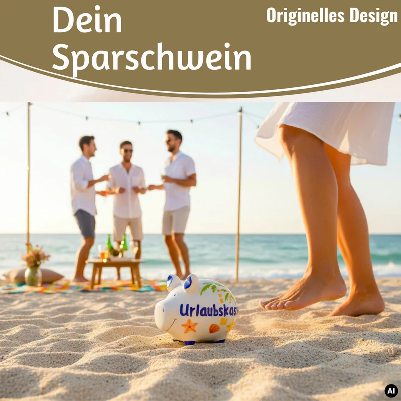 Keramik Sparschwein Spruch Urlaubskasse Weiß Blau Spardose Sparbüchse