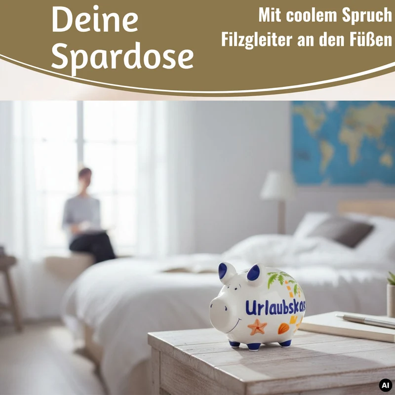 Keramik Sparschwein Spruch Urlaubskasse Weiß Blau Spardose Sparbüchse