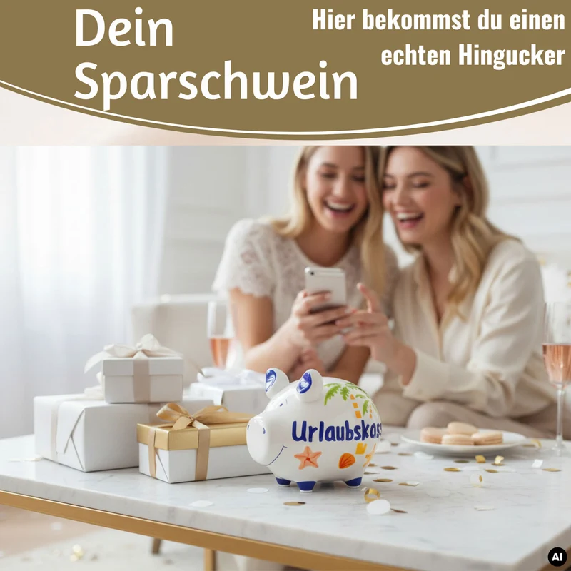 Keramik Sparschwein Spruch Urlaubskasse Weiß Blau Spardose Sparbüchse
