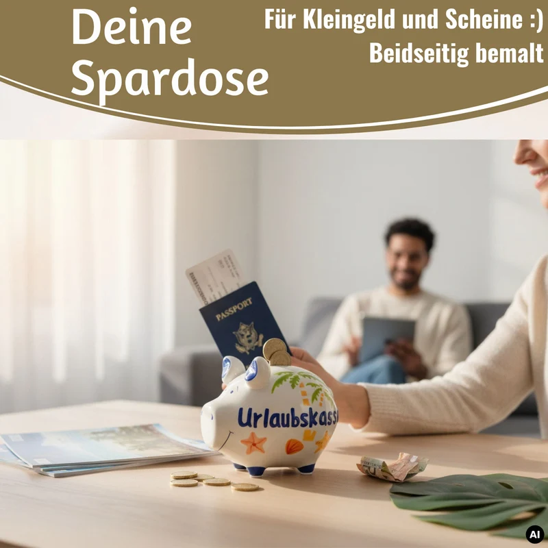 Keramik Sparschwein Spruch Urlaubskasse Weiß Blau Spardose Sparbüchse