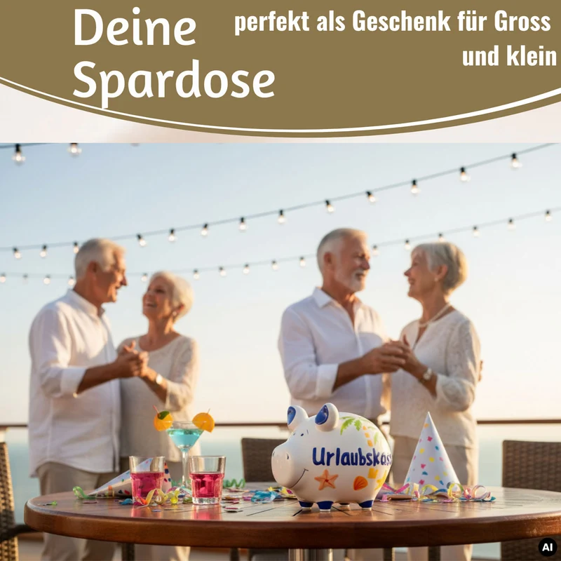 Keramik Sparschwein Spruch Urlaubskasse Weiß Blau Spardose Sparbüchse