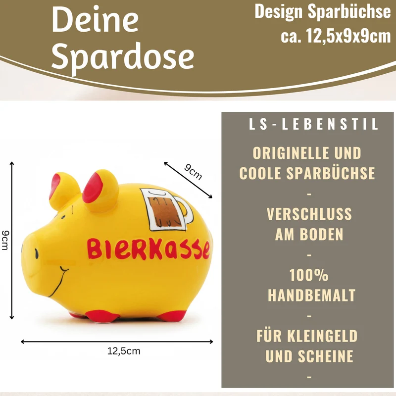 Keramik Sparschwein Spruch Bierkasse Gelb Rot Spardose Sparbüchse