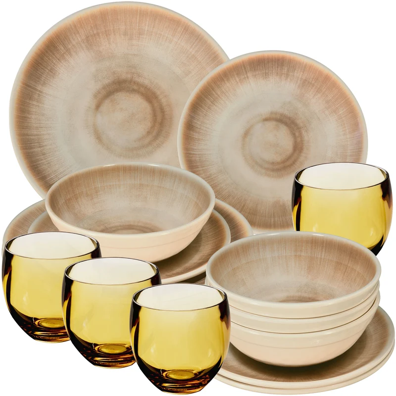 Melamin Geschirr Set Jesolo Sand für 4 Personen - 16 Teile - mit braunen Trinkglas 400ml Steingutoptik Spülmaschinengeeignet Essgeschirr Campingzubehör Campinggeschirr Wohnwagen Camping