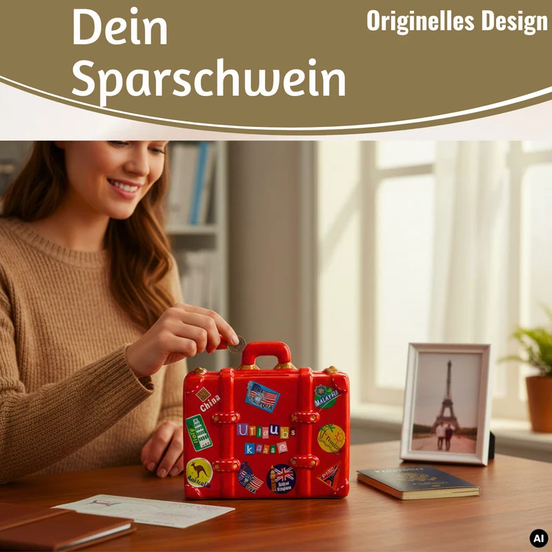 Keramik Sparschwein Koffer Spruch Urlaubskasse Rot Blau Grün Spardose Sparbüchse