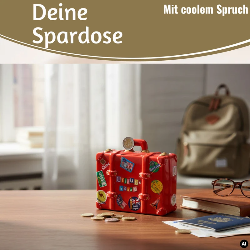 Keramik Sparschwein Koffer Spruch Urlaubskasse Rot Blau Grün Spardose Sparbüchse