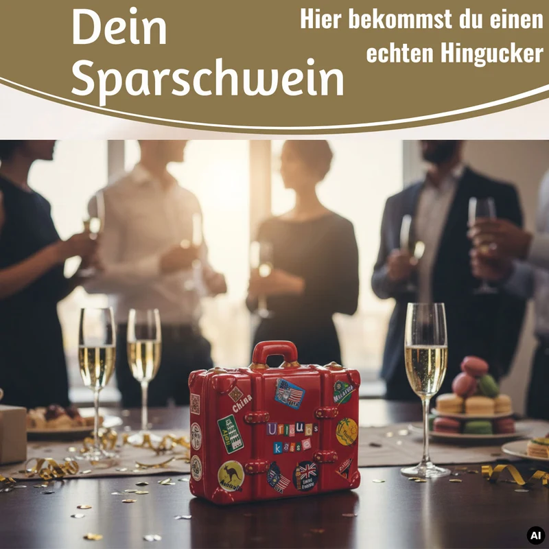 Keramik Sparschwein Koffer Spruch Urlaubskasse Rot Blau Grün Spardose Sparbüchse