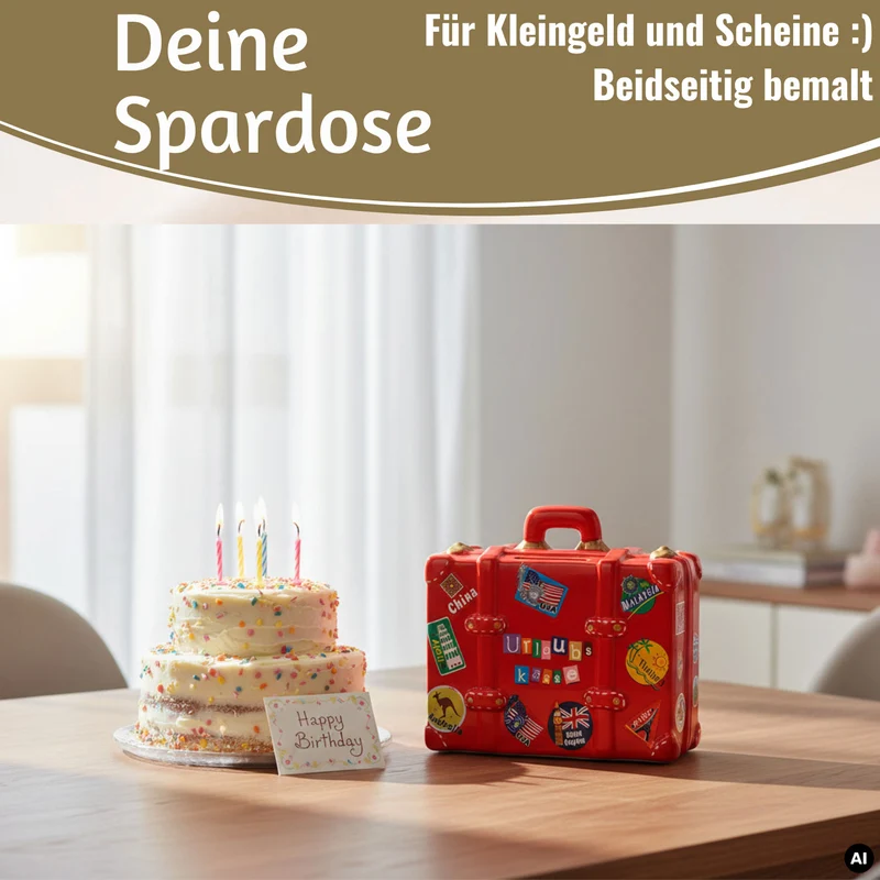 Keramik Sparschwein Koffer Spruch Urlaubskasse Rot Blau Grün Spardose Sparbüchse