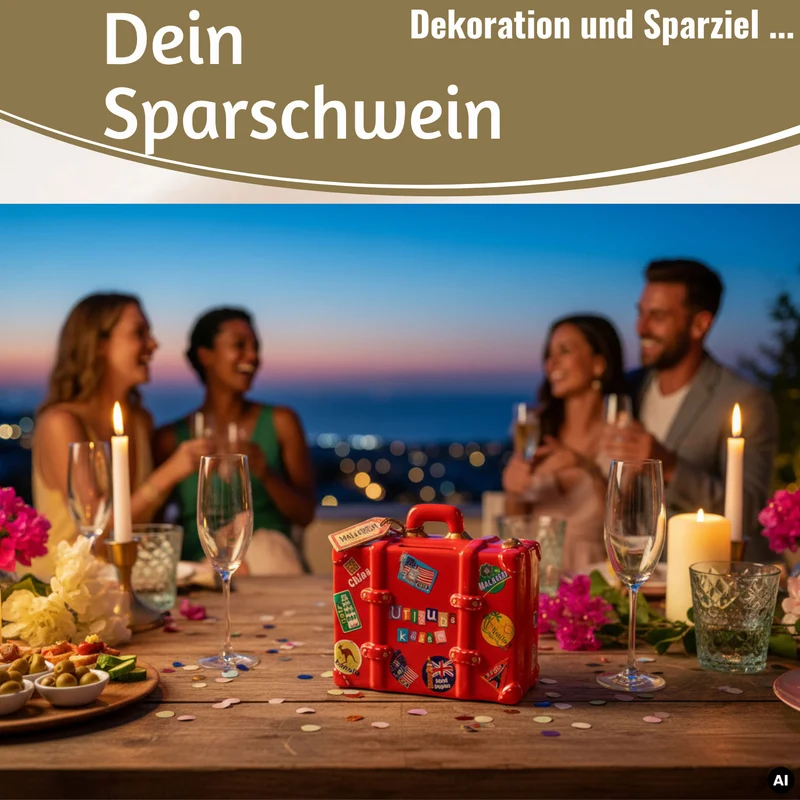 Keramik Sparschwein Koffer Spruch Urlaubskasse Rot Blau Grün Spardose Sparbüchse