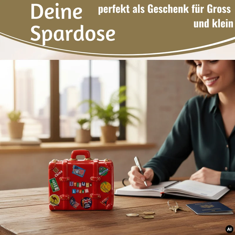 Keramik Sparschwein Koffer Spruch Urlaubskasse Rot Blau Grün Spardose Sparbüchse