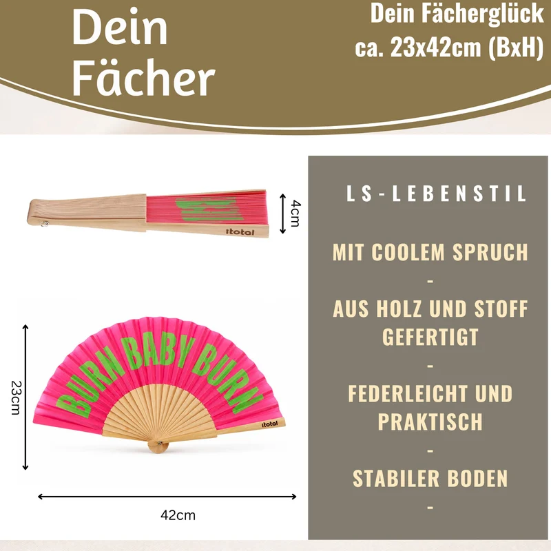 Handfächer Holz Stoff Fächer "Burn Baby Burn" Rosa Pink Grün faltbar Faltfächer