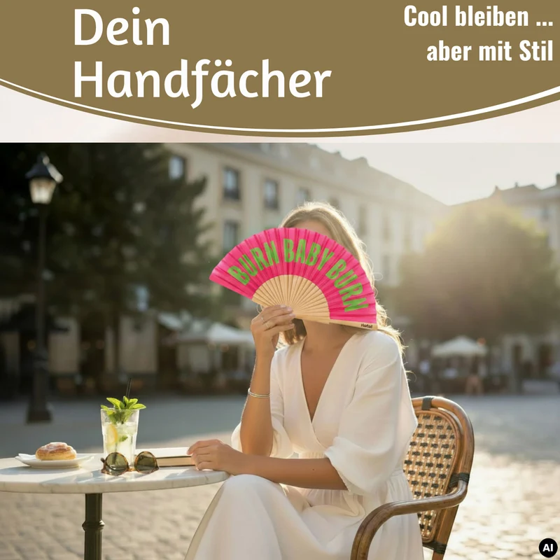 Handfächer Holz Stoff Fächer "Burn Baby Burn" Rosa Pink Grün faltbar Faltfächer