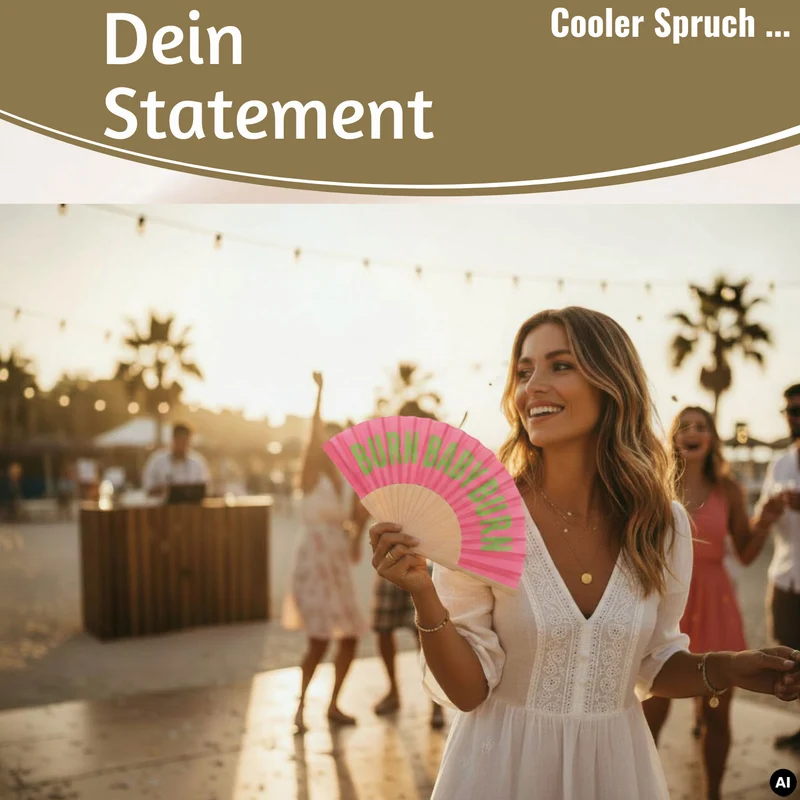 Handfächer Holz Stoff Fächer "Burn Baby Burn" Rosa Pink Grün faltbar Faltfächer