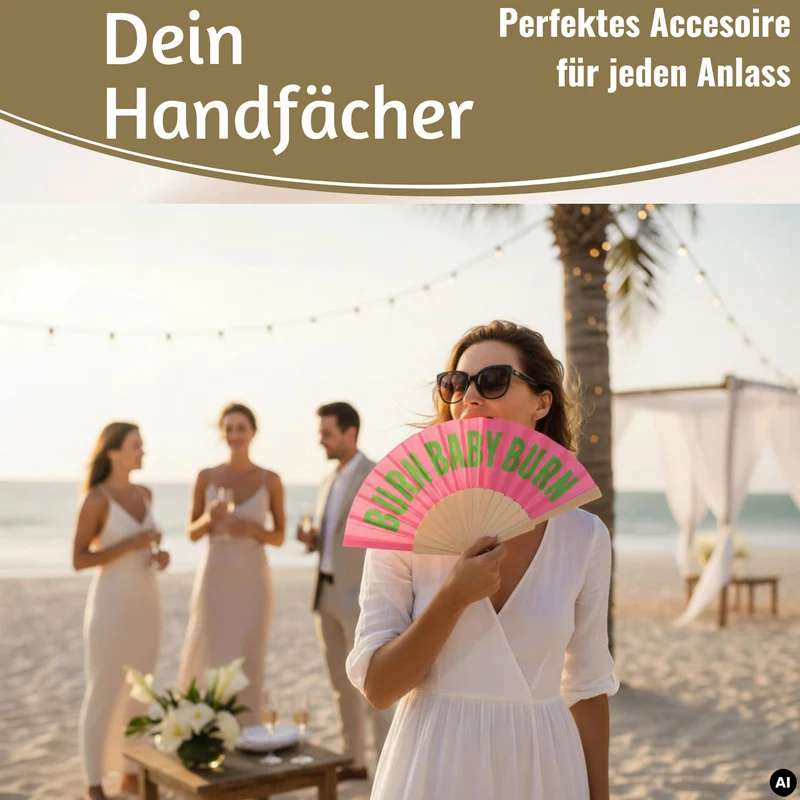 Handfächer Holz Stoff Fächer "Burn Baby Burn" Rosa Pink Grün faltbar Faltfächer