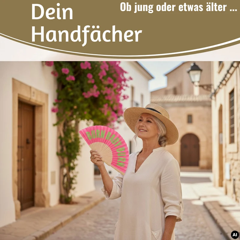 Handfächer Holz Stoff Fächer "Burn Baby Burn" Rosa Pink Grün faltbar Faltfächer